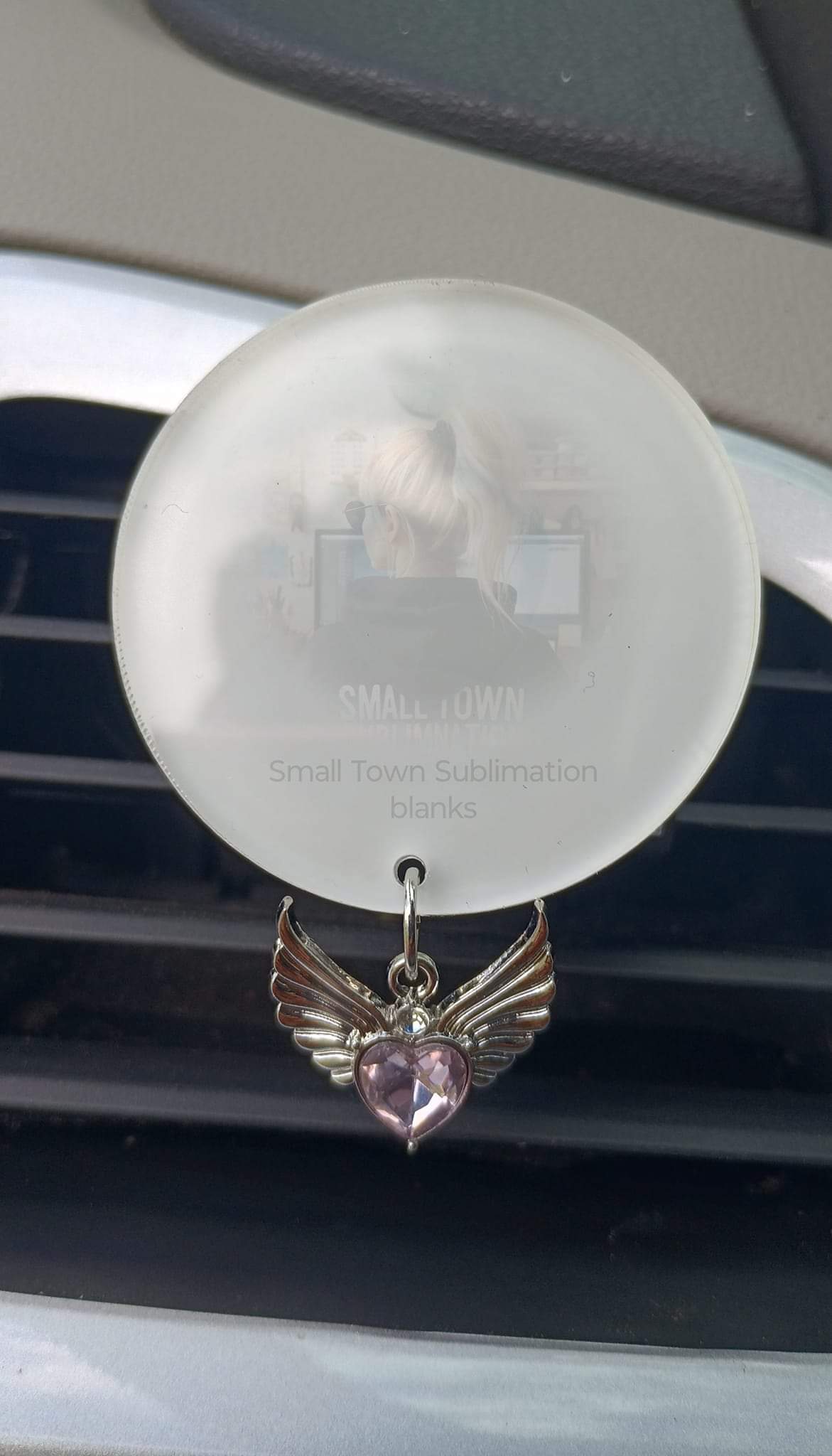 Clear acrylic vent clip with charm. Reusable air freshener