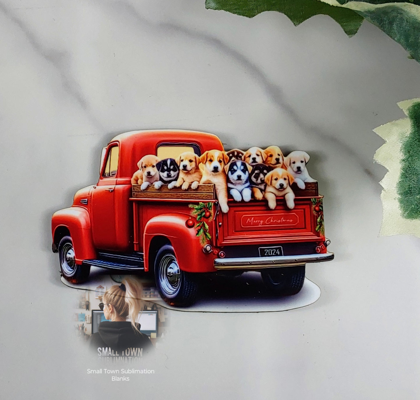 Red truck puppy ornament