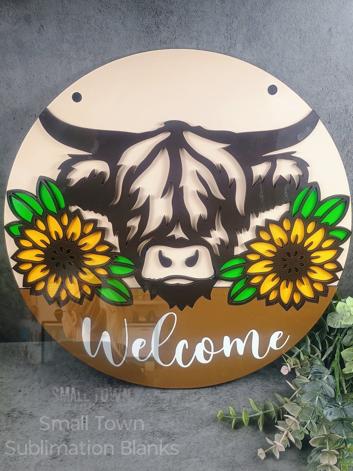 Highland cow welcome/ hello fall door round sublimation blank