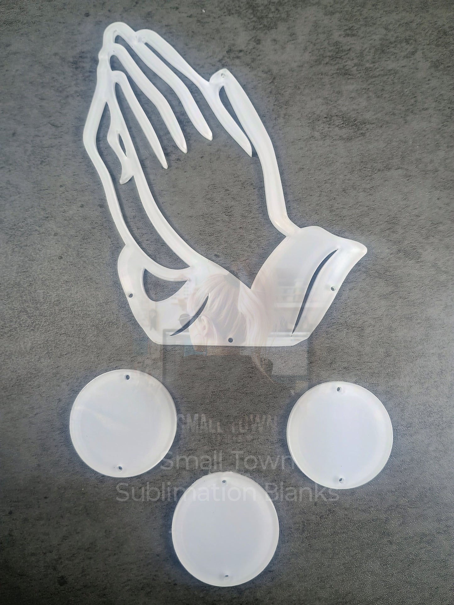 Clear acrylic, sublimation Praying hands window hanger.