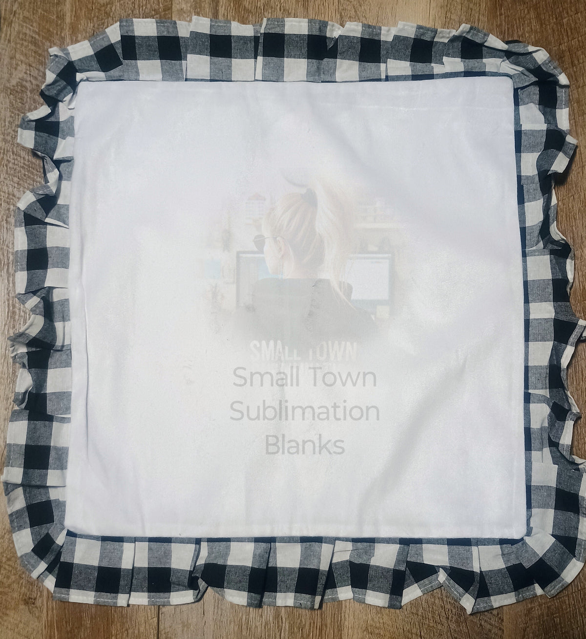 Black and white buffalo plaid ruffle sublimation pillowcase.